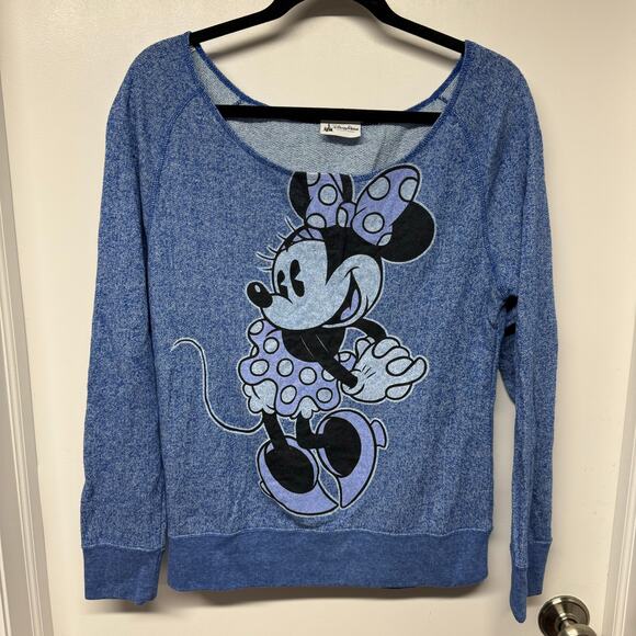 Disney Parks Womens Blue Scoop Neck Minnie Mouse Sweatshirt Size Medium Large - Picture 1 of 7